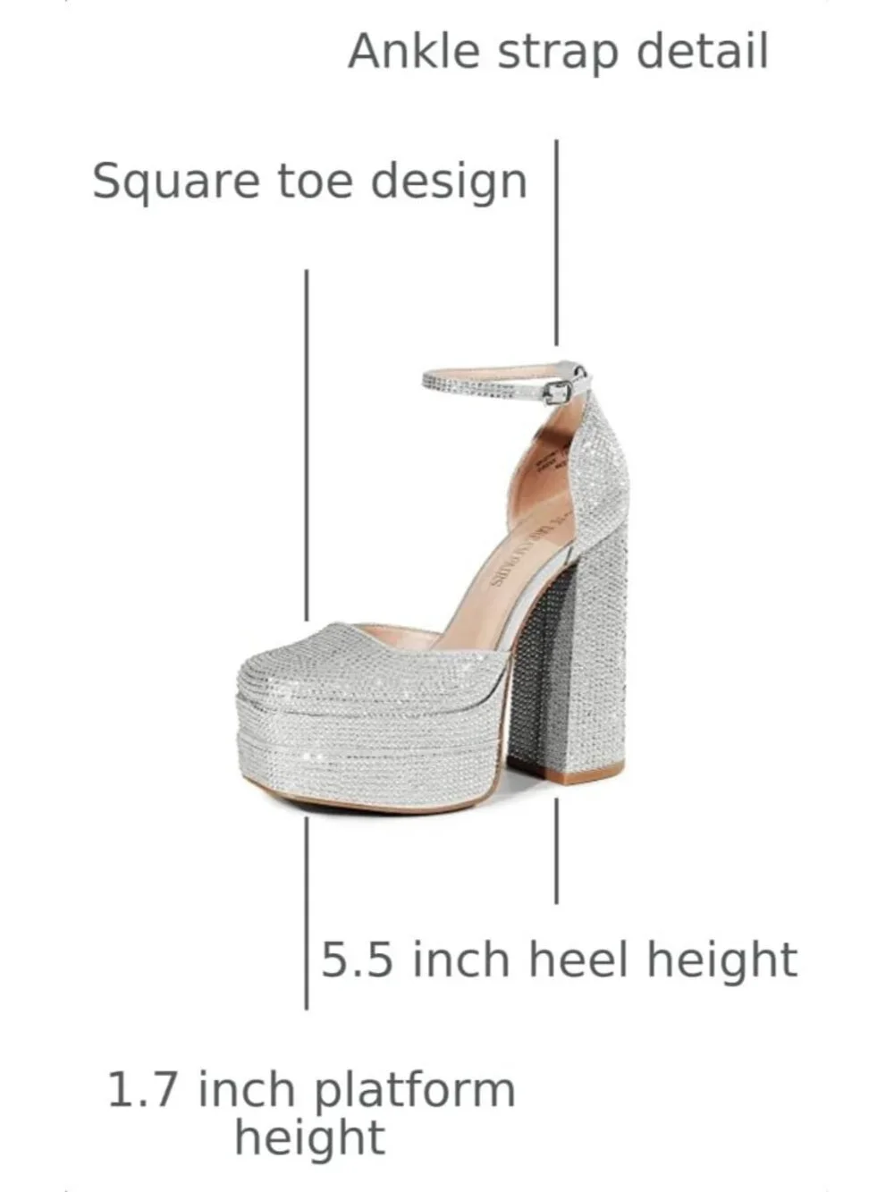 Dream Pairs Women's Silver Square Closed Toe Ankle Strap High Platform Heels